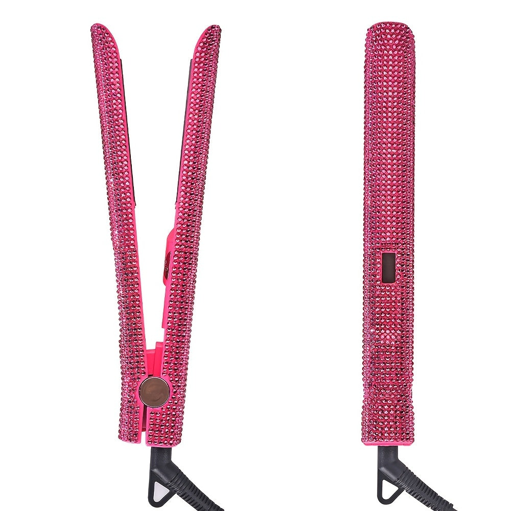 MEEKNISS Professional -encrusted Hair Straightener & Curler 2-in-1 - Fast Flat Iron with Nano- Plates, 480°F Max Temp, Digital LCD Display, Dual Voltage (110-240V) for Wet/Dry Hair, Pink & Black Glitter Design, Worldwide Tra