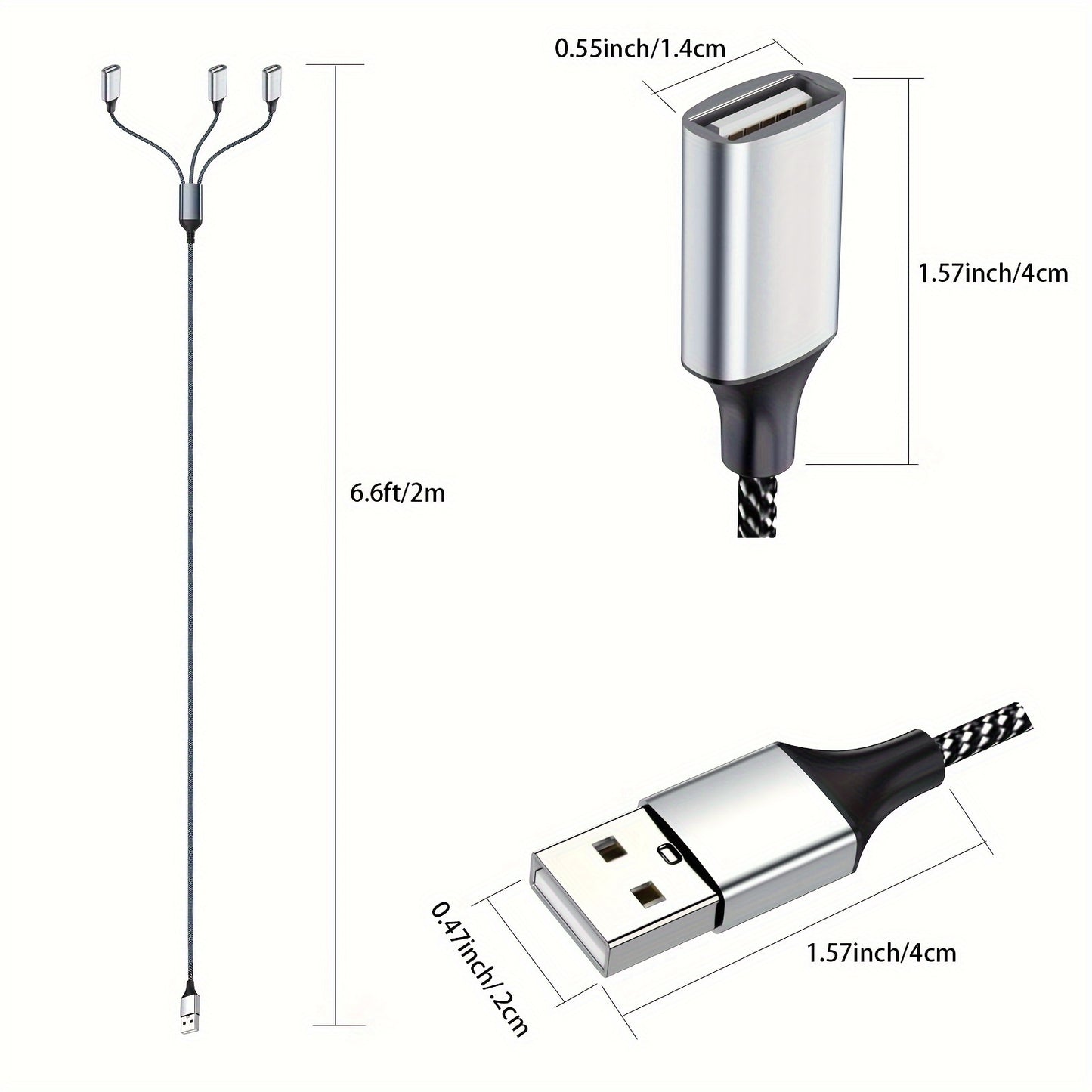 6.6ft USB Extension Cable - Durable Aluminum & Nylon, 3-Port Splitter Adapter for Webcam, Camera, Phone, Mouse, Keyboard, Printer, Hard Drive, Headset, Xbox