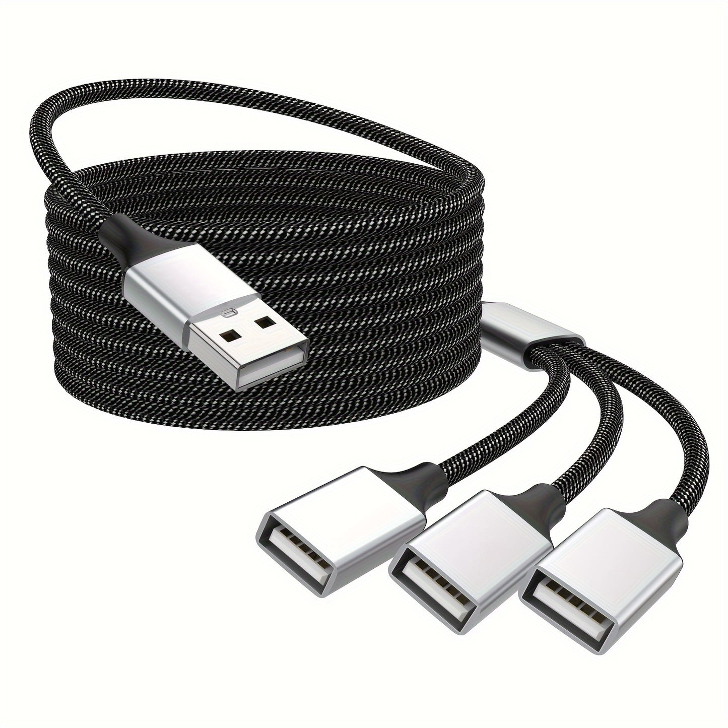6.6ft USB Extension Cable - Durable Aluminum & Nylon, 3-Port Splitter Adapter for Webcam, Camera, Phone, Mouse, Keyboard, Printer, Hard Drive, Headset, Xbox