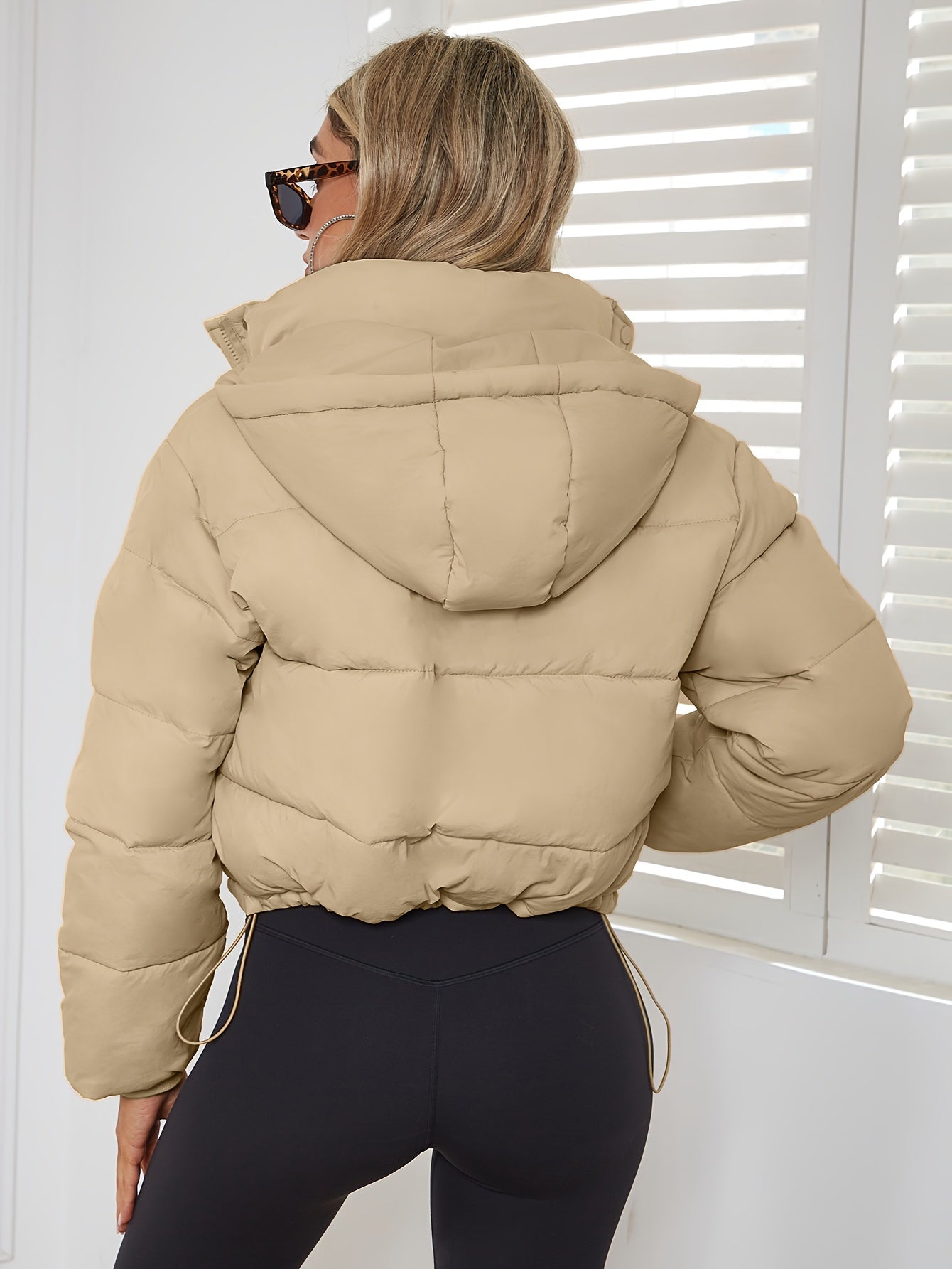 Solid Drawstring Pleated Slim Coat, Long Sleeve Short Length Winter Warm Top, Women's Clothing