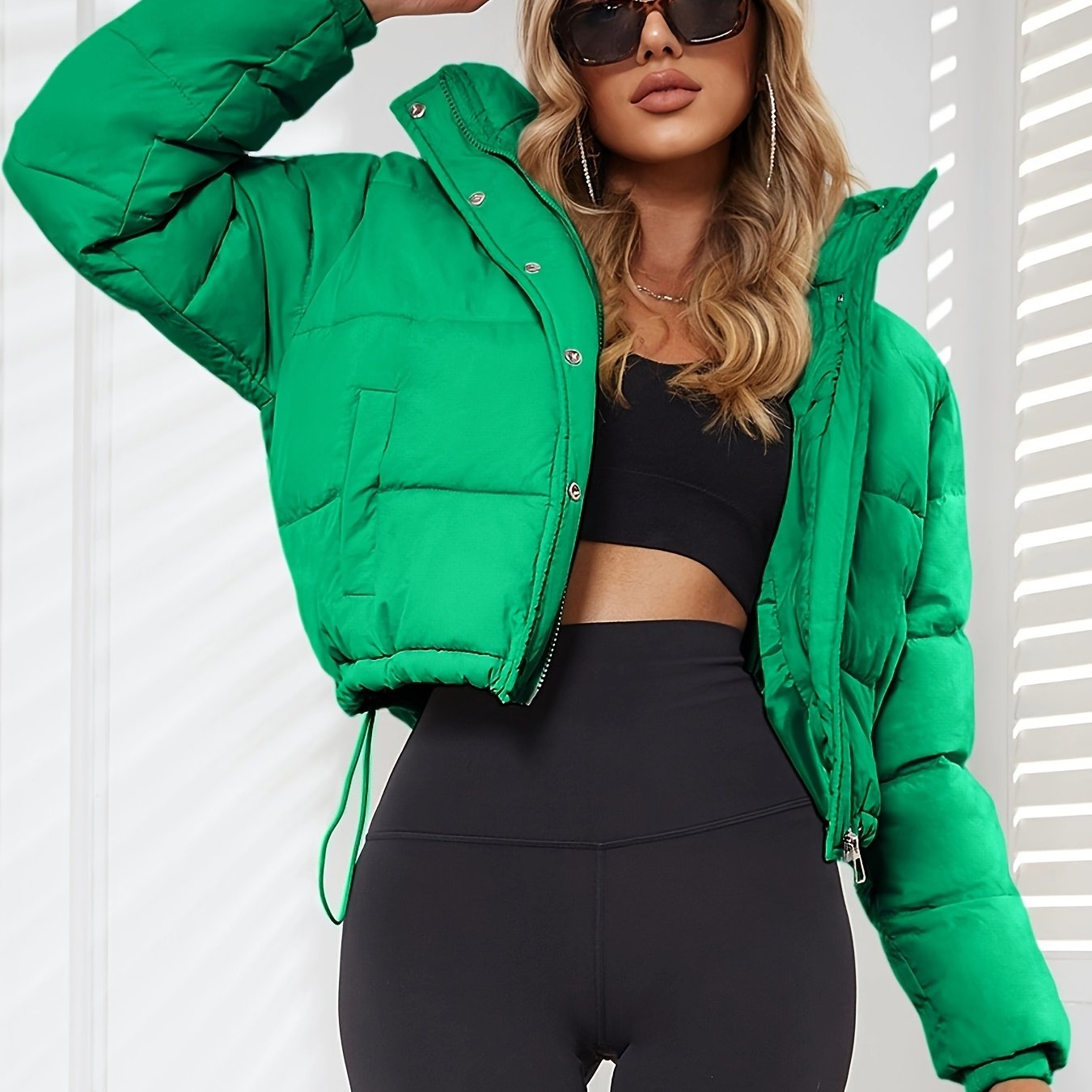 Solid Drawstring Pleated Slim Coat, Long Sleeve Short Length Winter Warm Top, Women's Clothing