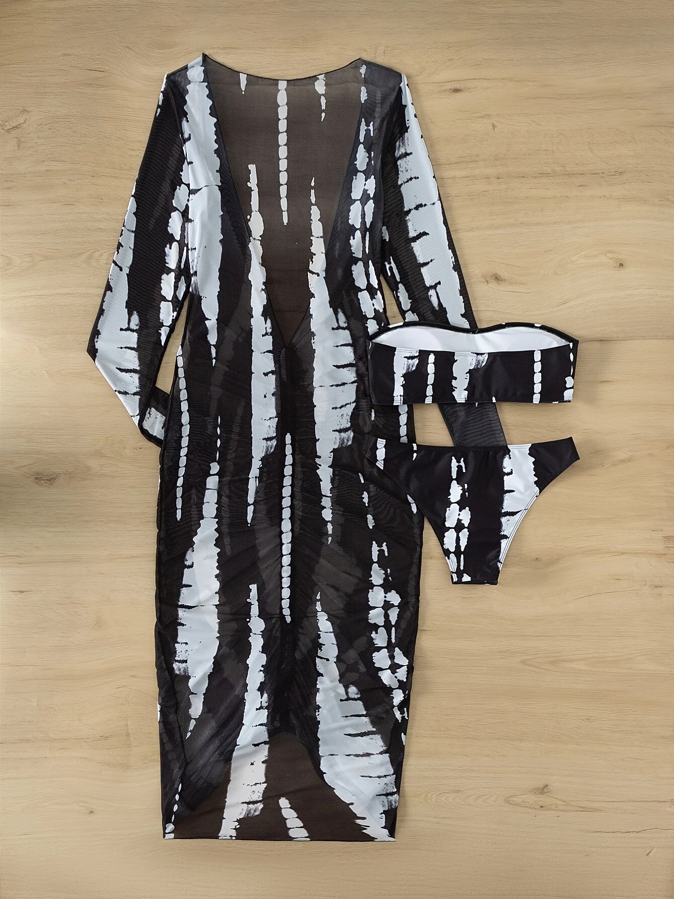 Mesh Stripe Bikini Three Piece Set Women's Beach Skirt Swimsuit