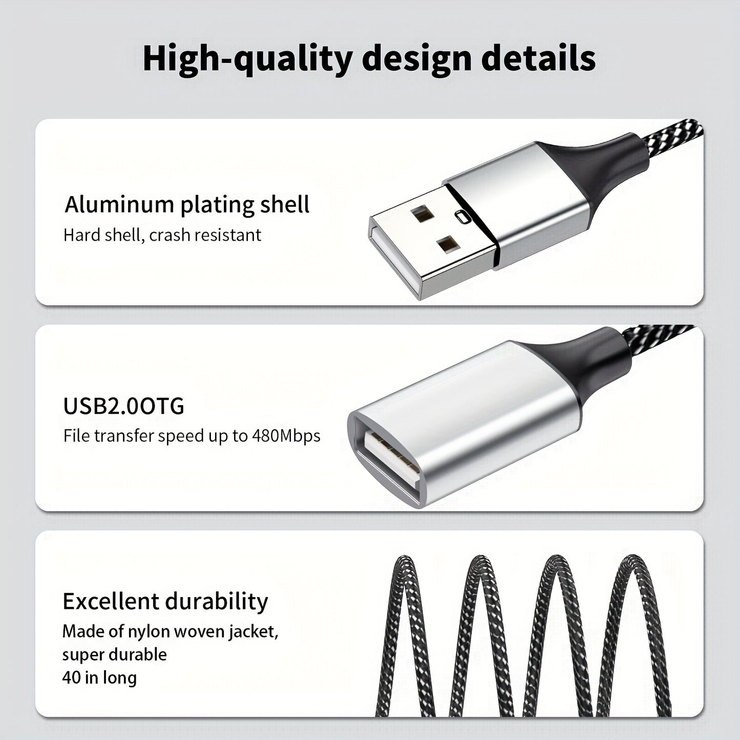 6.6ft USB Extension Cable - Durable Aluminum & Nylon, 3-Port Splitter Adapter for Webcam, Camera, Phone, Mouse, Keyboard, Printer, Hard Drive, Headset, Xbox