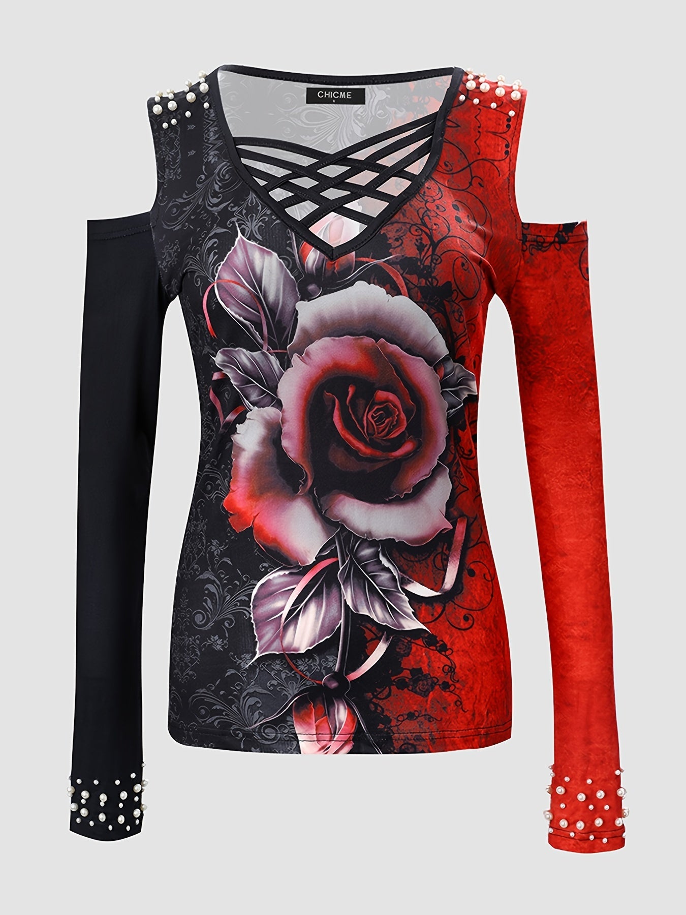 Women's Floral Print Color Block T-Shirt, Casual V-Neck Long Sleeve T-Shirt, Casual Every Day Tops, Women's Clothing
