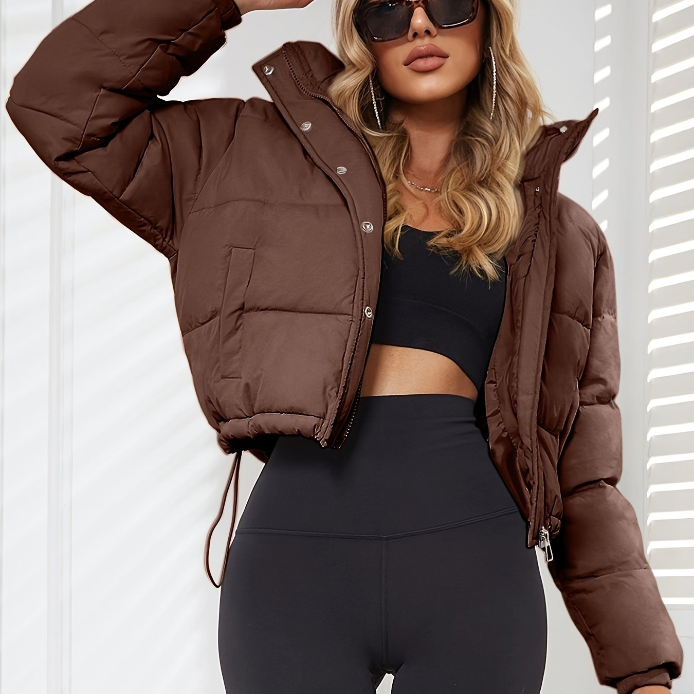 Solid Drawstring Pleated Slim Coat, Long Sleeve Short Length Winter Warm Top, Women's Clothing