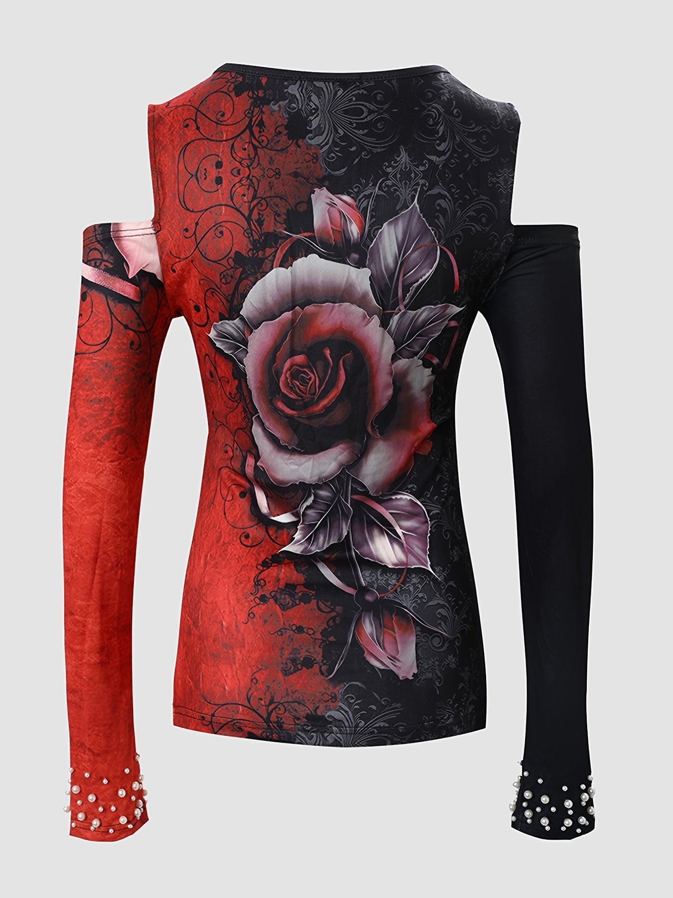 Women's Floral Print Color Block T-Shirt, Casual V-Neck Long Sleeve T-Shirt, Casual Every Day Tops, Women's Clothing