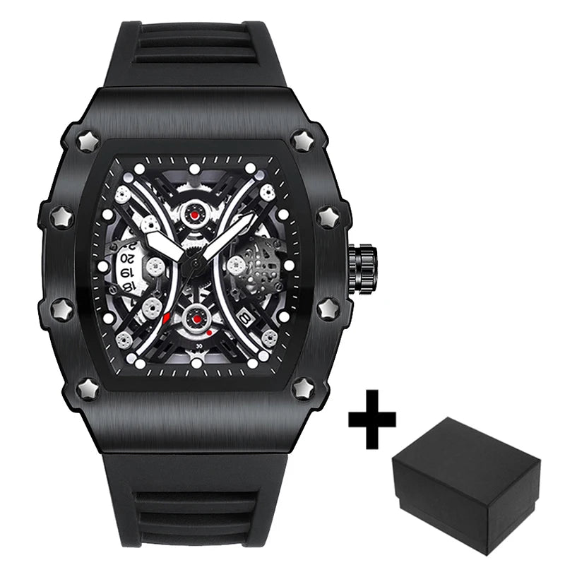 Luxury Brand Mens Wristwatch Fashion Black Skeleton Dial Quartz Watches Man Sport Waterproof Auto Date Mille Clock Dropshipping
