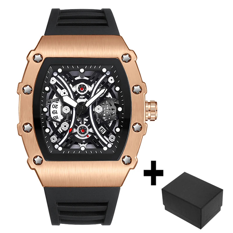 Luxury Brand Mens Wristwatch Fashion Black Skeleton Dial Quartz Watches Man Sport Waterproof Auto Date Mille Clock Dropshipping