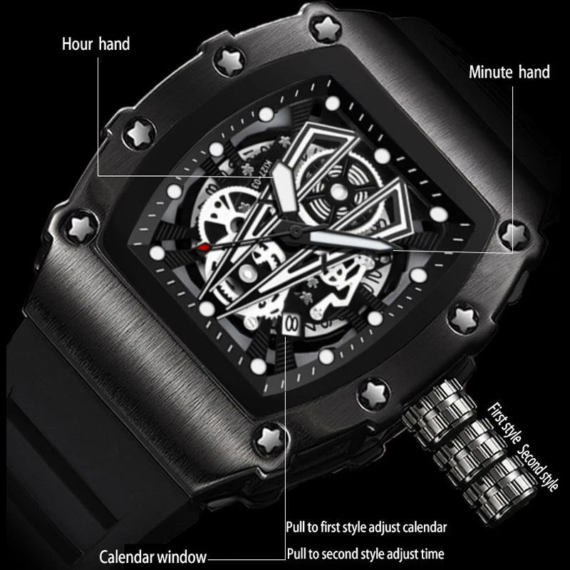 Luxury Brand Mens Wristwatch Fashion Black Skeleton Dial Quartz Watches Man Sport Waterproof Auto Date Mille Clock Dropshipping