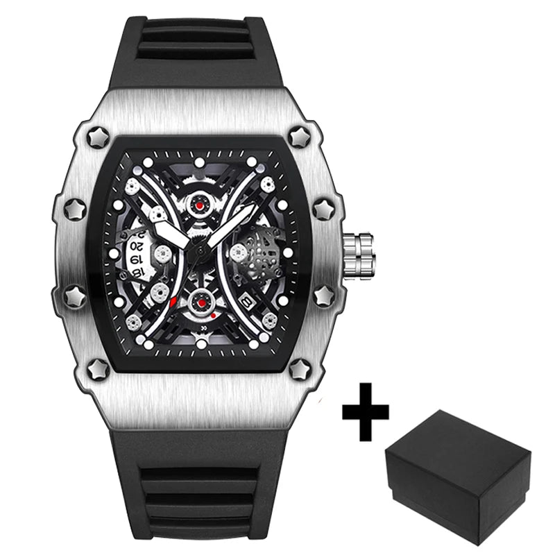 Luxury Brand Mens Wristwatch Fashion Black Skeleton Dial Quartz Watches Man Sport Waterproof Auto Date Mille Clock Dropshipping