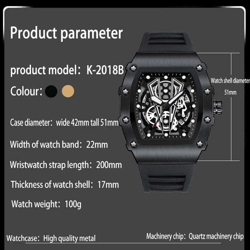 Luxury Brand Mens Wristwatch Fashion Black Skeleton Dial Quartz Watches Man Sport Waterproof Auto Date Mille Clock Dropshipping