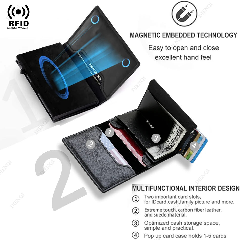 Magnetic Credit Card Holder Luxury Men Wallet Rfid Blocking Pop Up Minimalist Wallet Leather Bank Cardholder Case Vallet for Men