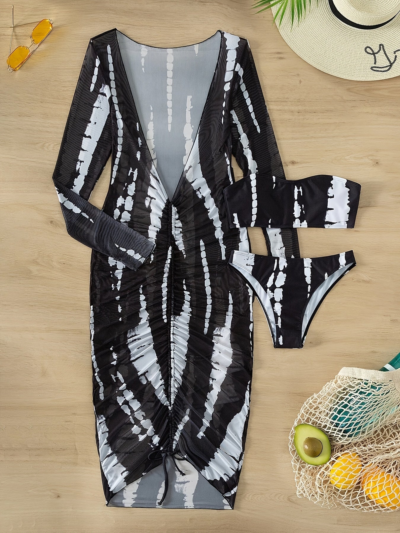 Mesh Stripe Bikini Three Piece Set Women's Beach Skirt Swimsuit