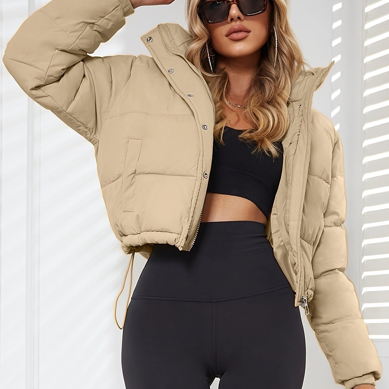 Solid Drawstring Pleated Slim Coat, Long Sleeve Short Length Winter Warm Top, Women's Clothing