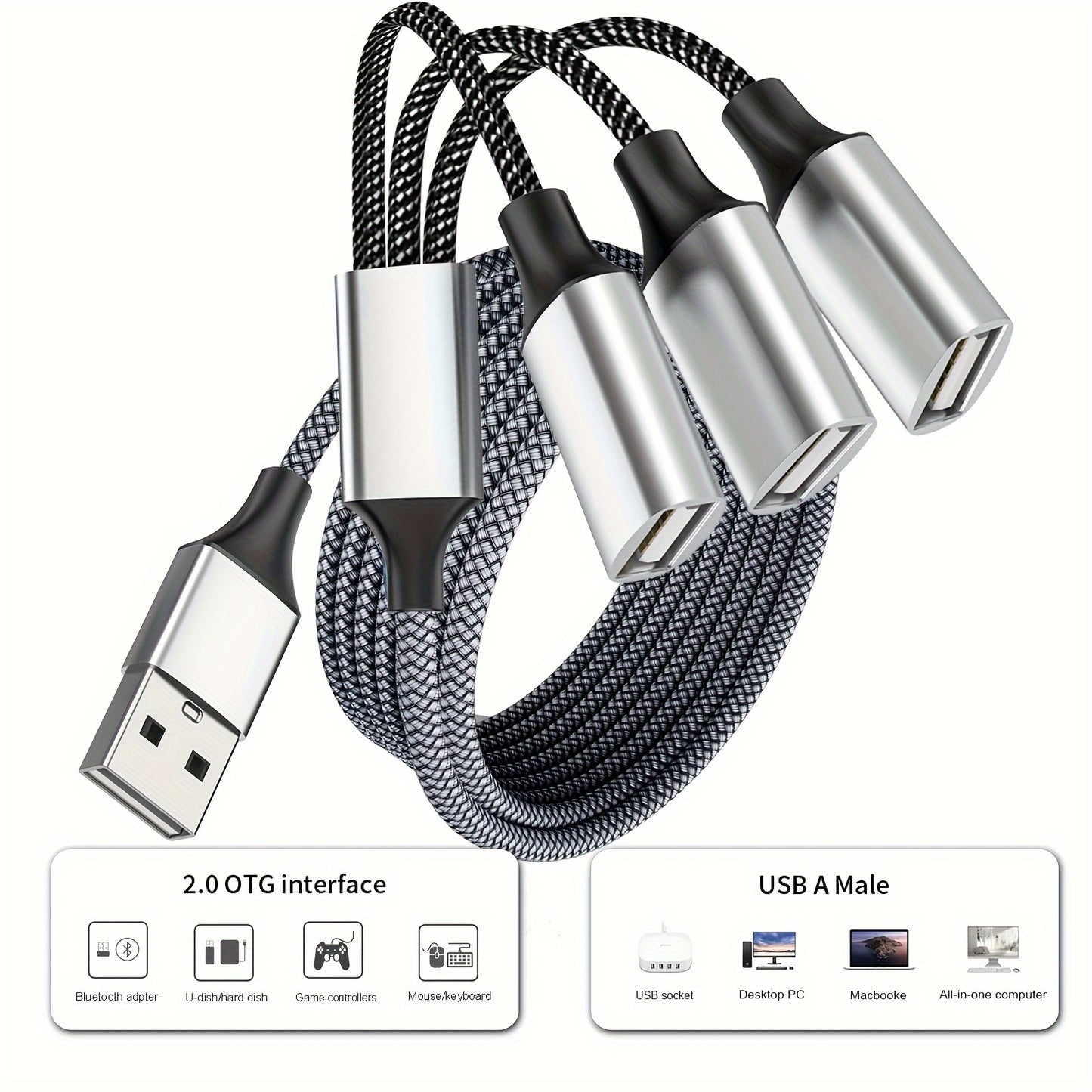 6.6ft USB Extension Cable - Durable Aluminum & Nylon, 3-Port Splitter Adapter for Webcam, Camera, Phone, Mouse, Keyboard, Printer, Hard Drive, Headset, Xbox