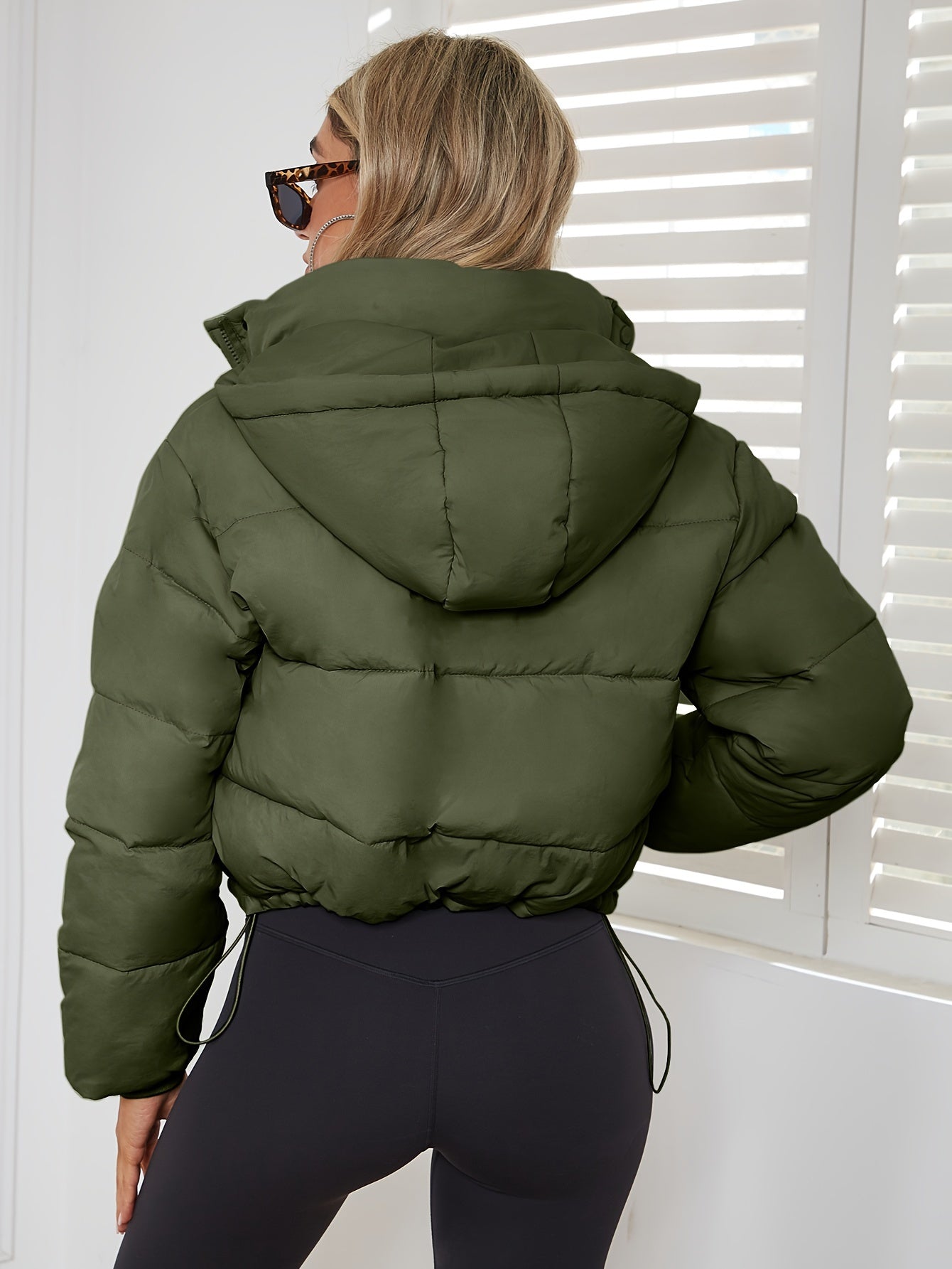Solid Drawstring Pleated Slim Coat, Long Sleeve Short Length Winter Warm Top, Women's Clothing