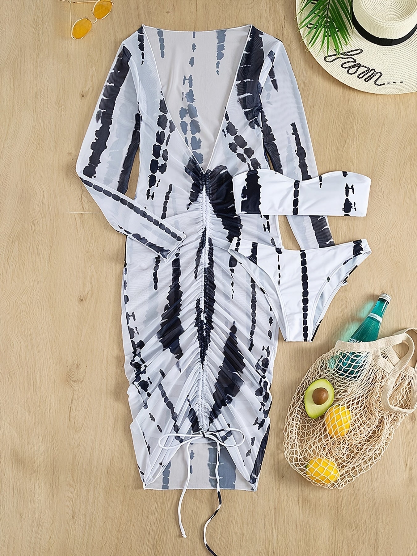 Mesh Stripe Bikini Three Piece Set Women's Beach Skirt Swimsuit