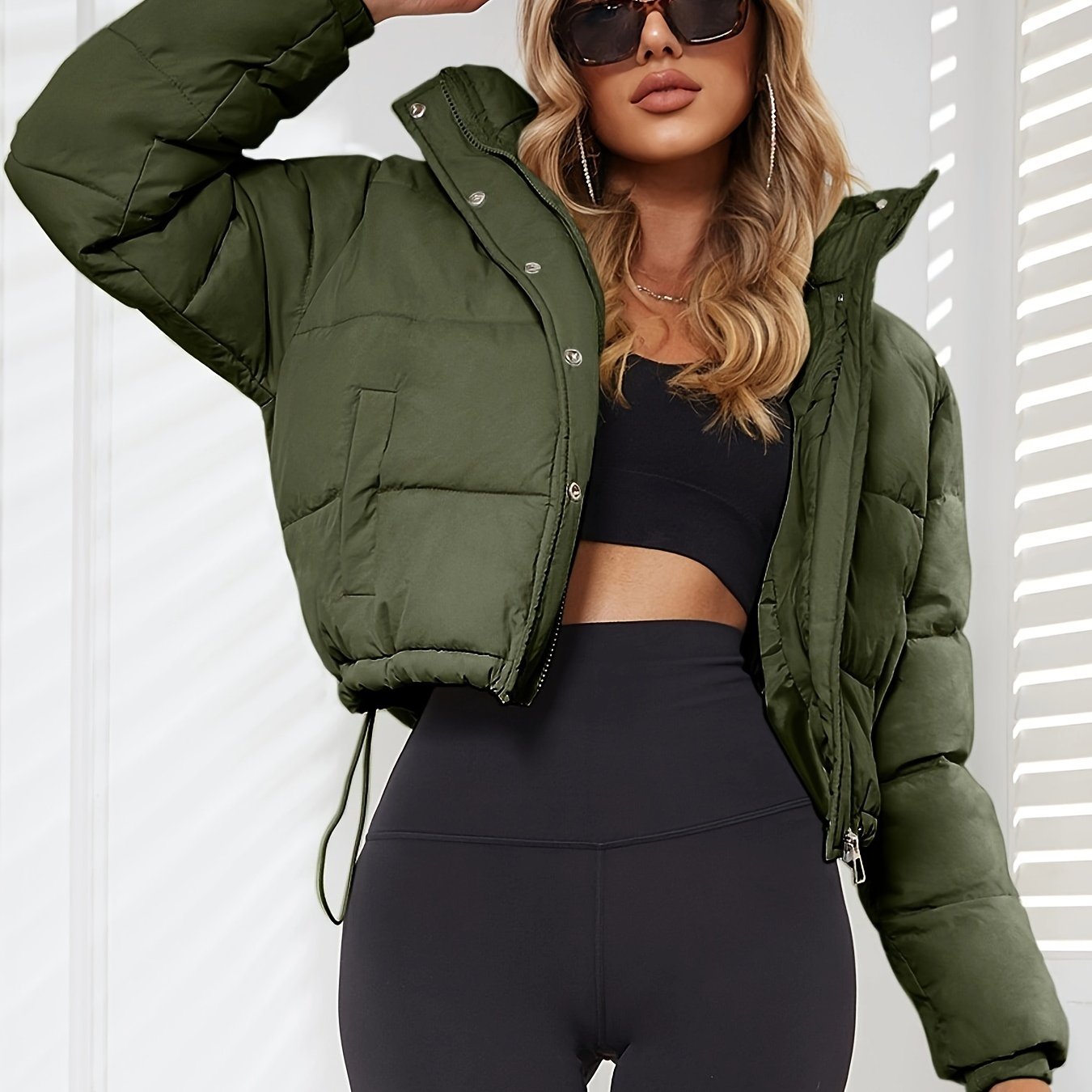 Solid Drawstring Pleated Slim Coat, Long Sleeve Short Length Winter Warm Top, Women's Clothing
