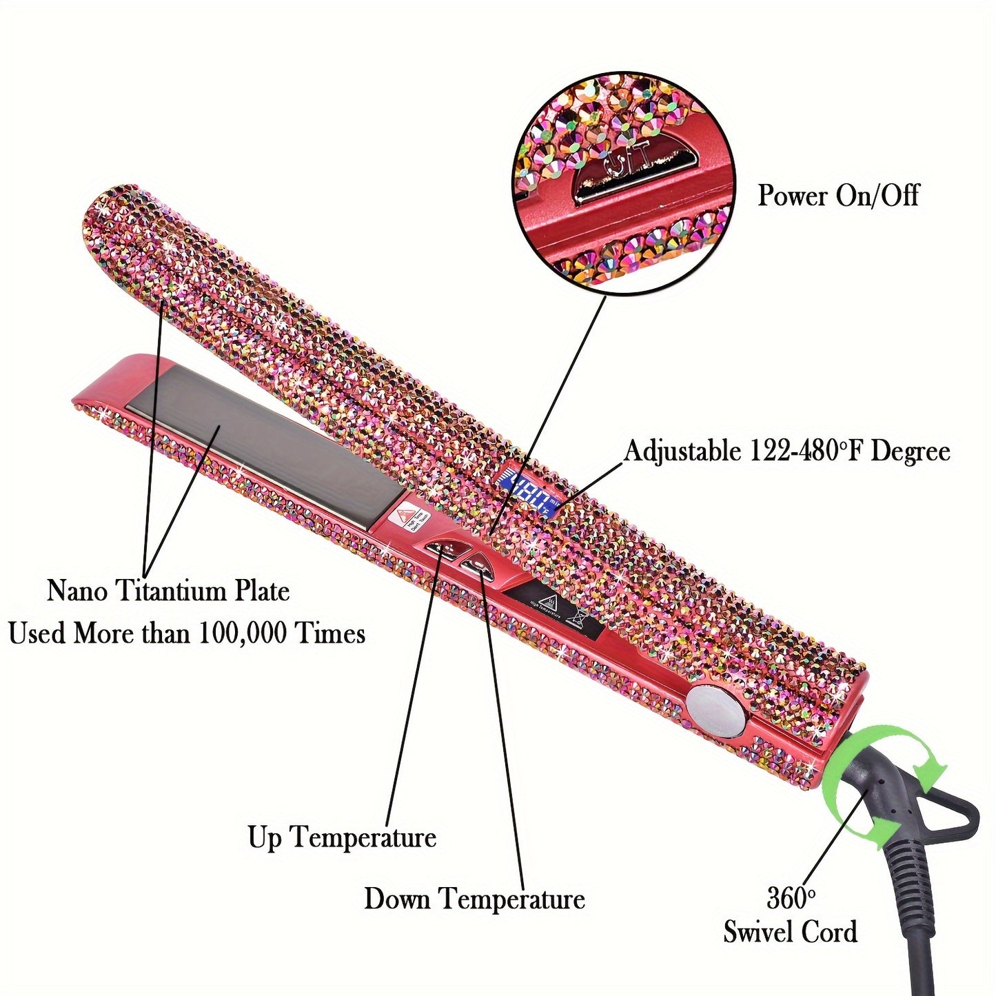 MEEKNISS Professional -encrusted Hair Straightener & Curler 2-in-1 - Fast Flat Iron with Nano- Plates, 480°F Max Temp, Digital LCD Display, Dual Voltage (110-240V) for Wet/Dry Hair, Pink & Black Glitter Design, Worldwide Tra