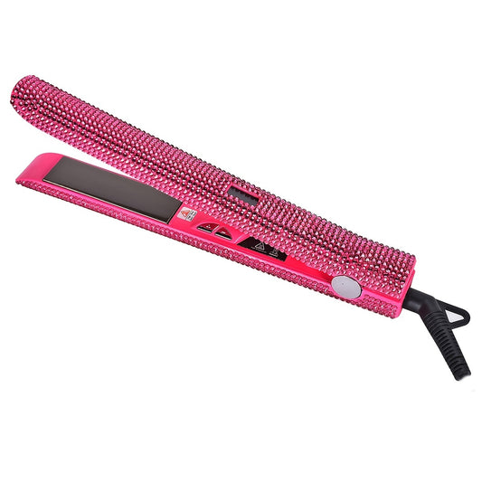 MEEKNISS Professional -encrusted Hair Straightener & Curler 2-in-1 - Fast Flat Iron with Nano- Plates, 480°F Max Temp, Digital LCD Display, Dual Voltage (110-240V) for Wet/Dry Hair, Pink & Black Glitter Design, Worldwide Tra