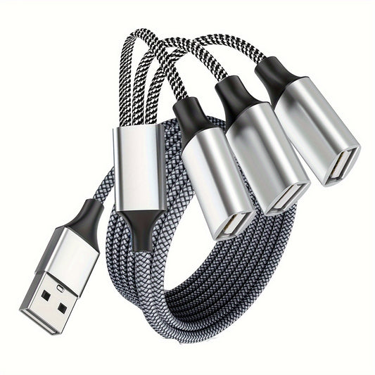 6.6ft USB Extension Cable - Durable Aluminum & Nylon, 3-Port Splitter Adapter for Webcam, Camera, Phone, Mouse, Keyboard, Printer, Hard Drive, Headset, Xbox